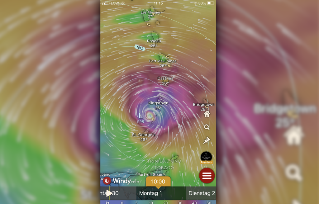 Vorhersage von Stärke und Zugbahn einen Tag vorher: Das Auge trifft die Grenadinen. In Grenada wird es ungemütlich.