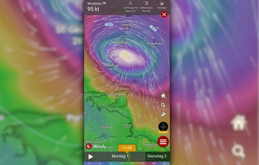 Windgeschwindigkeit im Auge des Sturmes über Carriacou: 171 km/h.