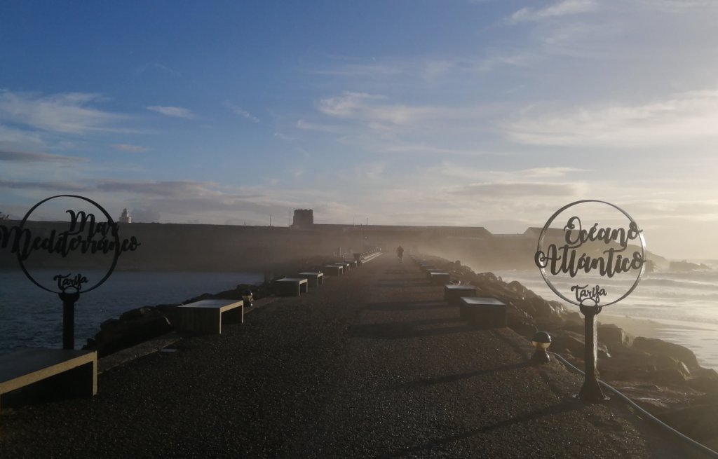 Mediterranean sea to the left, atlantic Ocean to the right.