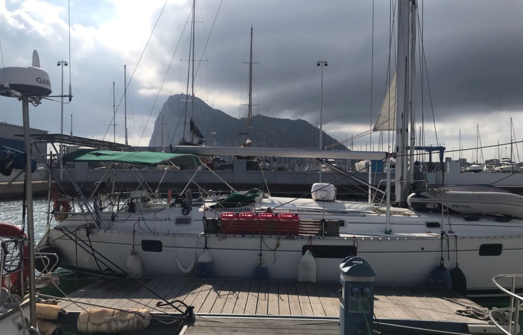 CERVINO tied up on the floating pontoon in La Linea.