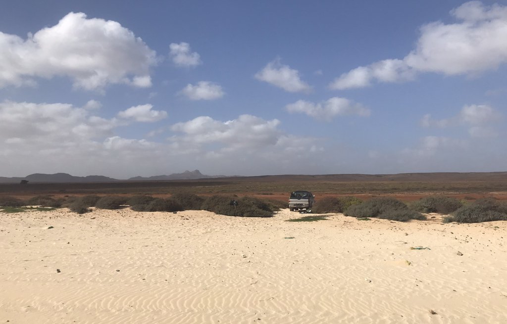 The truck is parked right at the beach.