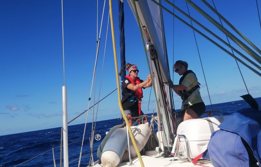 Girls power in the front of the boat.