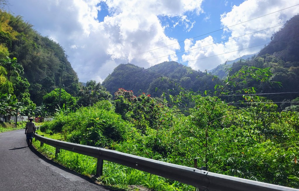Driving up into the green hills.