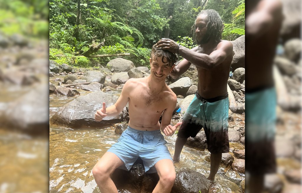 Washing our hair with hibiscus leaves.