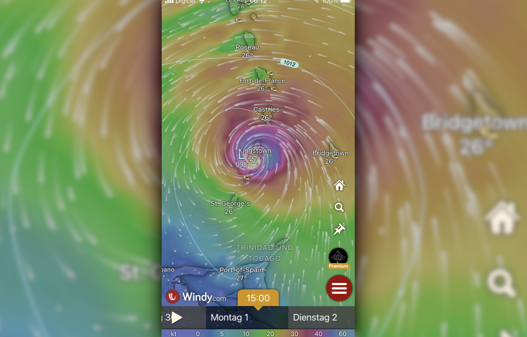 Forecast of strength and track two days ahead: The eye is over Kingstown, St Vincent. Grenada (St George's) looks okay.