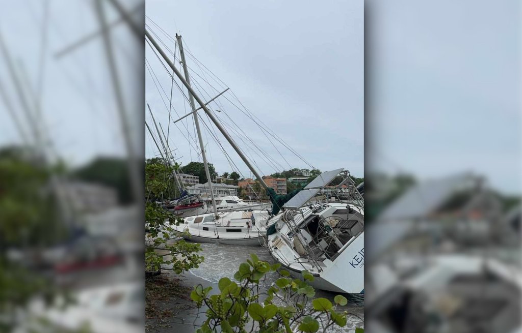 In Prickly Bay, 10 boats washed up on the beach.