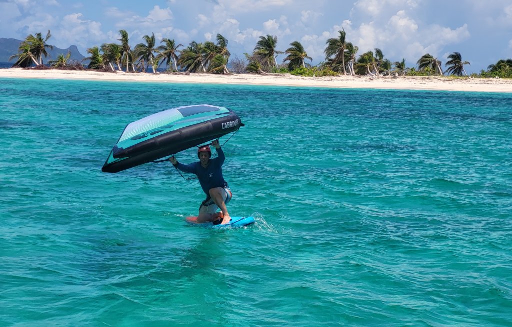 When the palm trees on Sandy Island have fallen over, David will soon be standing on the wingfoil.