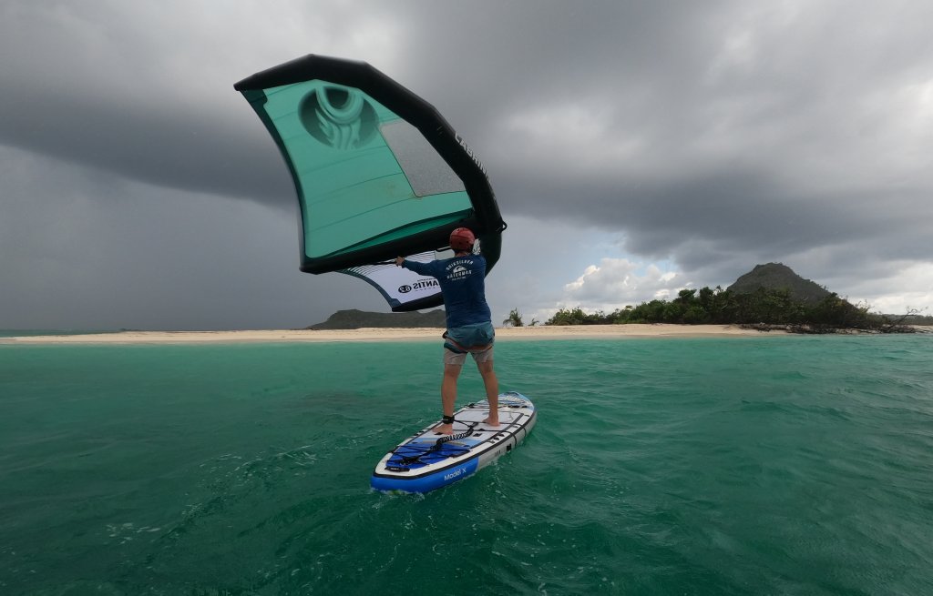 David's first wingsurfing attempt just before the rain shower.