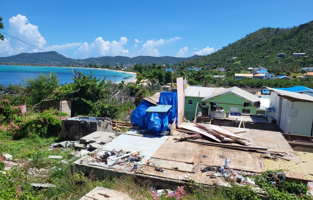 View over Carriacou - blue tarps everywhere, replacing the lost roofs.