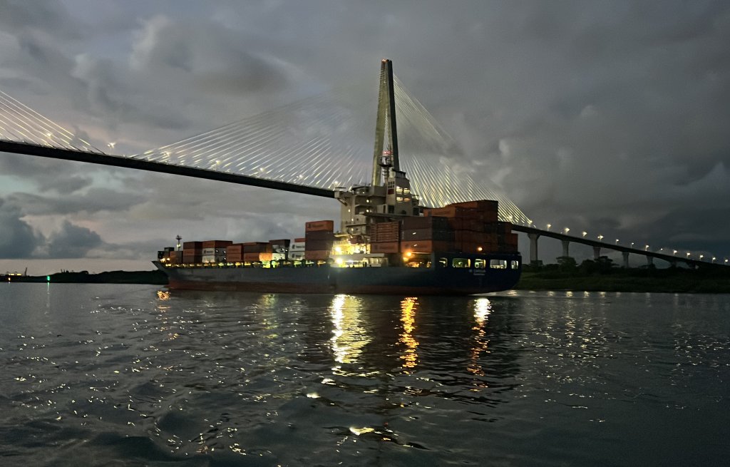 We approach the locks side by side with these big boys.