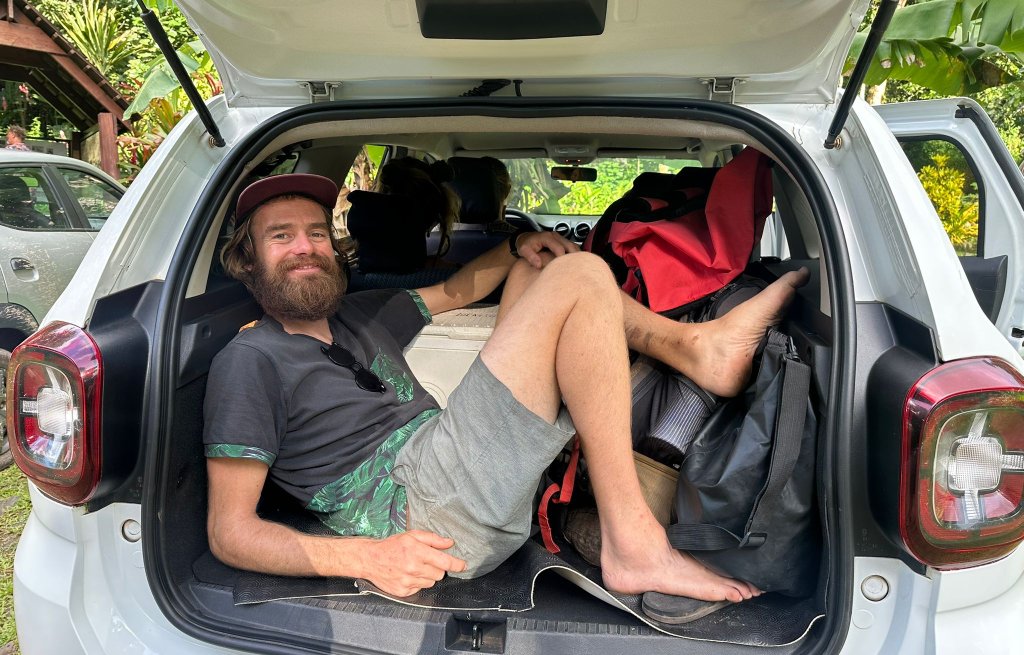 We're exploring the island of Hiva Oa with a rental car.