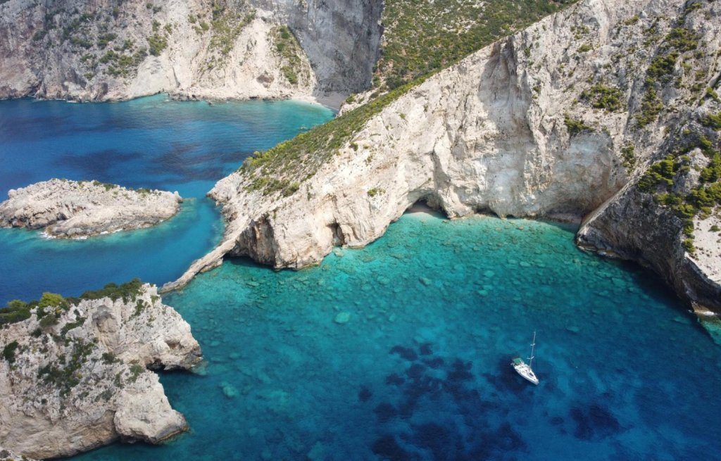 One of our favourite anchorages: on the West coast of Zakynthos.