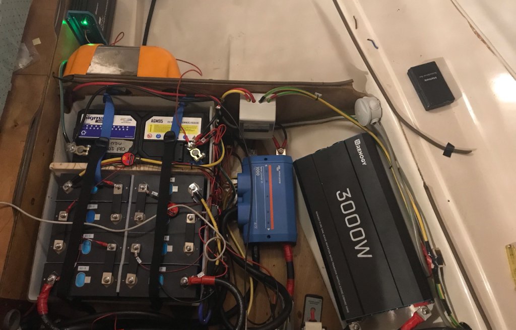 Final installation of 560Ah LiFePo power and 3000W inverter.