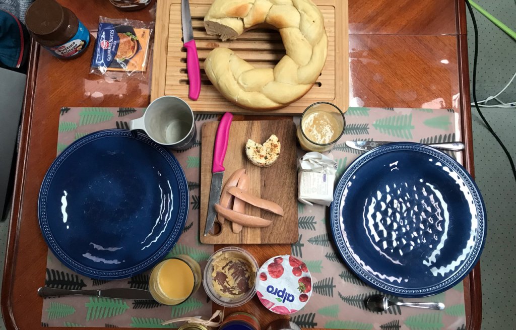 Brunch with homemade bread.